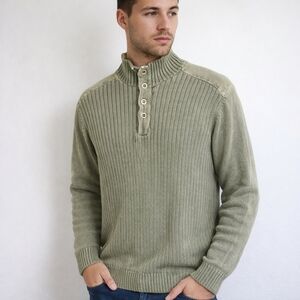 Park Slope Mens Olive Green Mock Neck Heavy Knit Henley Sweater Size‎ L